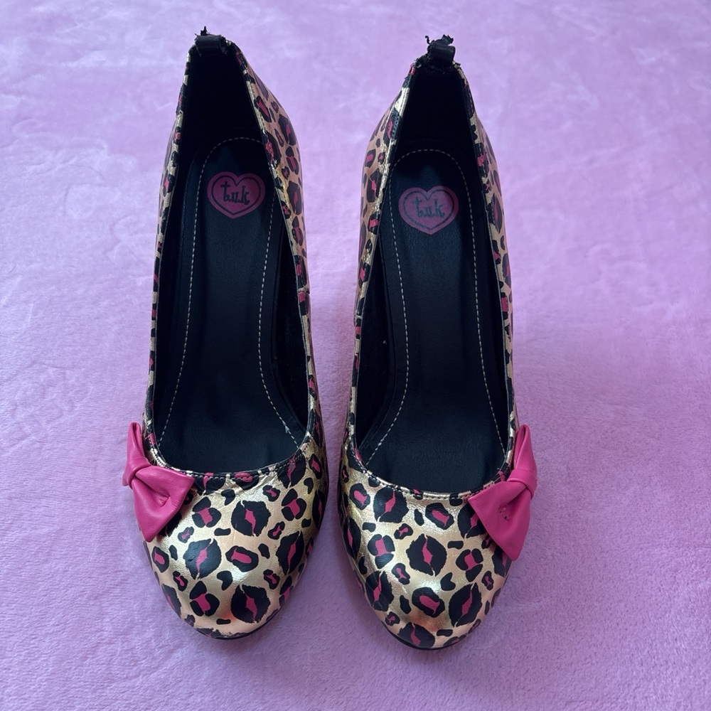 TUK Leopard Print Heels with Pink Bow